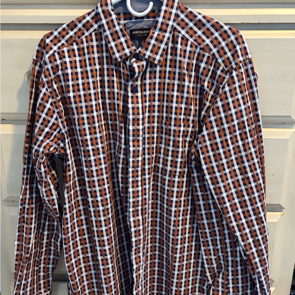 Johnston & Murphy Men's Navy and Orange Plaid Shirt